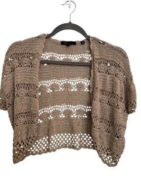 BCBG Max Azria Hand-Crocheted Metallic Open Shrug Cardigan Brown-Taupe